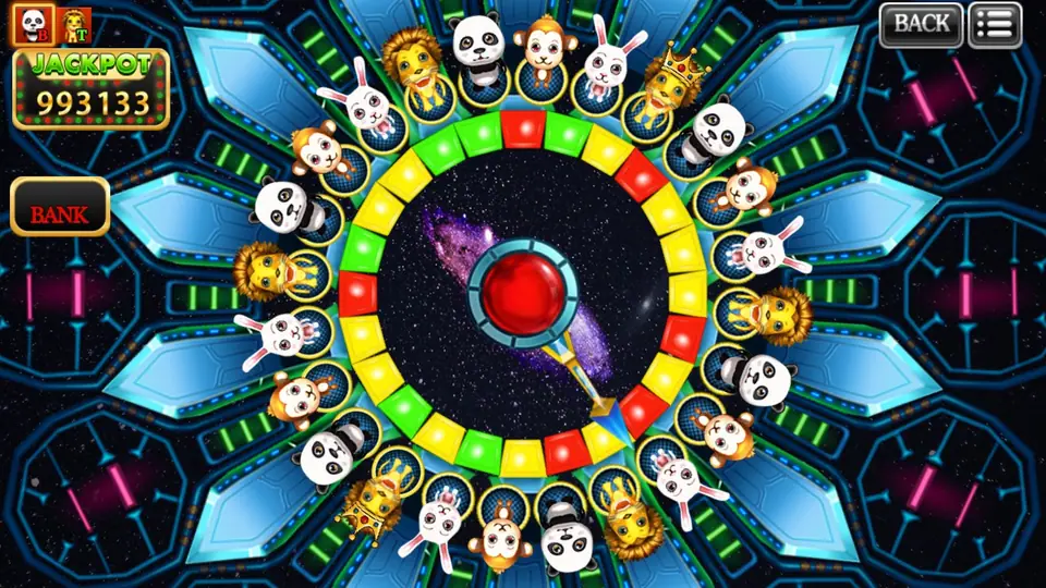 Forest Dance wheel mid-spin with the jackpot counter at 993133 and a BANK label on the left
