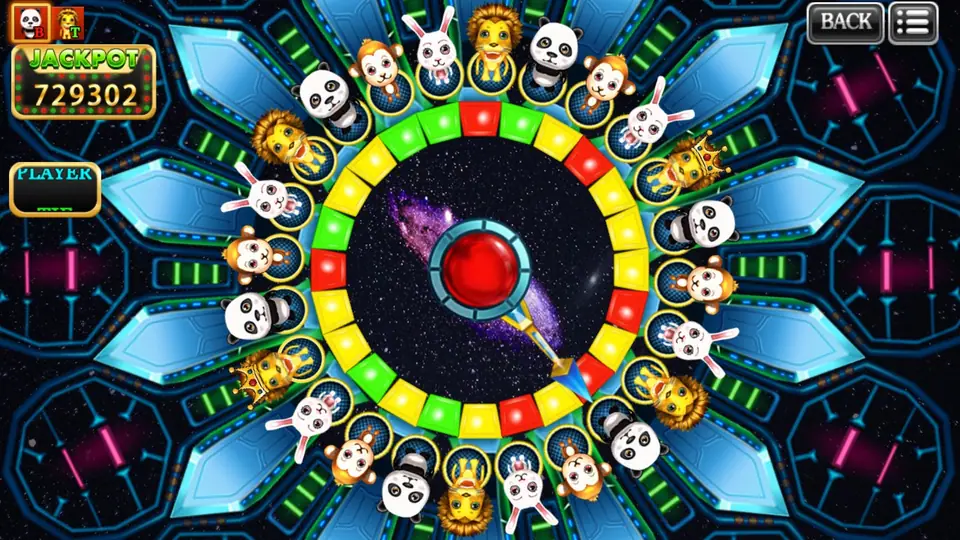 Forest Dance wheel with a ring of lion, panda, monkey and rabbit heads around red, green and yellow segments, a red button in the centre and a PLAYER result label on the left