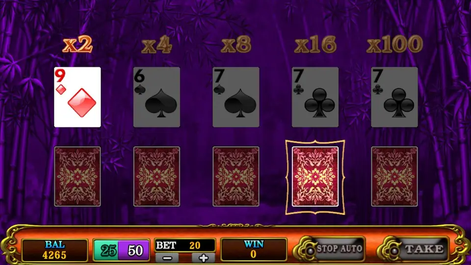 Fortune Panda double-up screen with five face-down cards under multipliers x2, x4, x8, x16 and x100, a nine of diamonds turned over on the first, and a win of 0