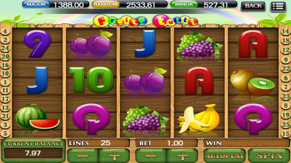 Fruity Tutti slot with plums, grapes, a watermelon, bananas and a kiwi on wooden reels, 25 lines and a bet of 1.00, and MAJOR, RANDOM and MINOR boxes