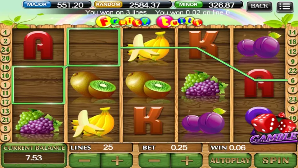 Fruity Tutti reels after a small win, with winning boxes drawn around A, banana and K symbols, a bet of 0.25, a win of 0.06 and a GAMBLE dice badge