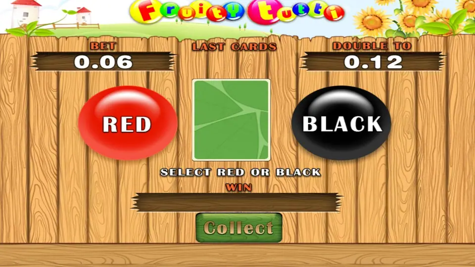 Fruity Tutti gamble screen on a wooden fence with a bet of 0.06, a double-to of 0.12, a green face-down card between RED and BLACK buttons, and a Collect button