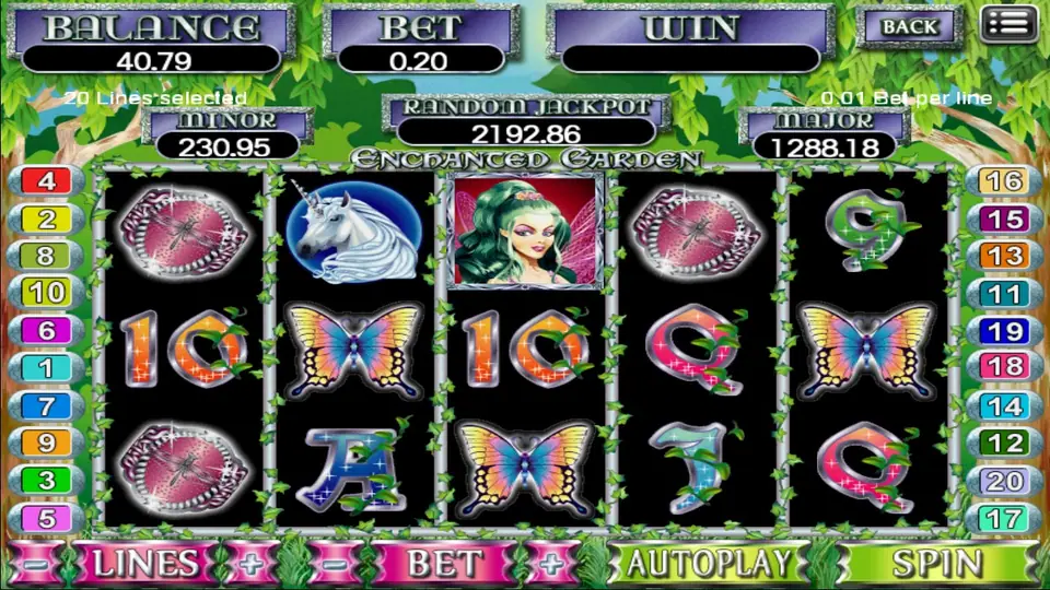 Enchanted Garden slot with a green-haired fairy, a white unicorn, rainbow butterflies and dragonfly gems on black reels, with 20 lines at 0.01 per line