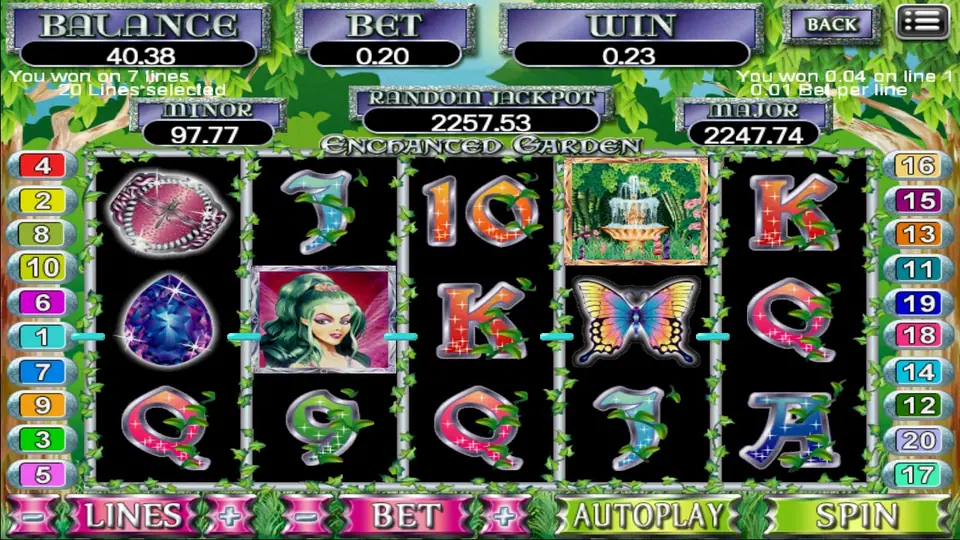 Enchanted Garden reels after a win on 7 lines, with a fairy, a fountain picture, a butterfly and a purple gem along a highlighted line, win 0.23
