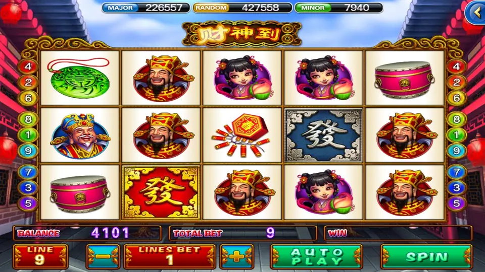 God of Wealth reels with the God of Wealth, two red 發 tiles, a firecracker string, jade and coin symbols, and a bet of 9