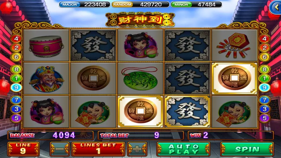 God of Wealth reels with three gold-framed coin and 發 symbols lit up after a win of 2