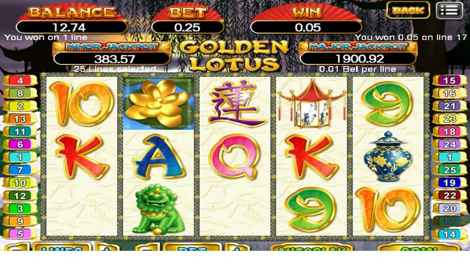 Golden Lotus reels after a small win, with a pagoda lantern, the lotus character, a jade lion and a gold lotus, and a message reading You won 0.05 on line 17