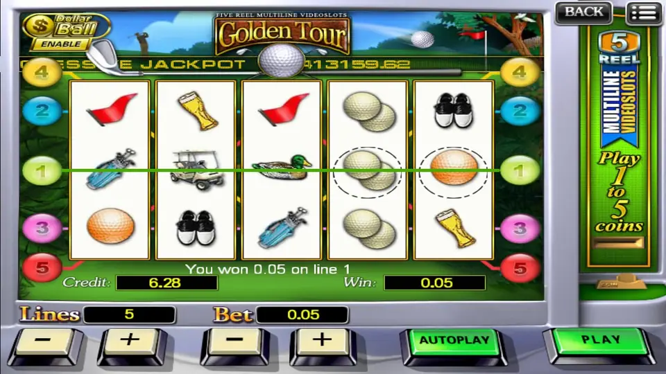 Golden Tour reels with a win on line 1 across golf bag, cart, duck and two golf-ball symbols, a message reading You won 0.05 on line 1, and a progressive jackpot ticker above the reels