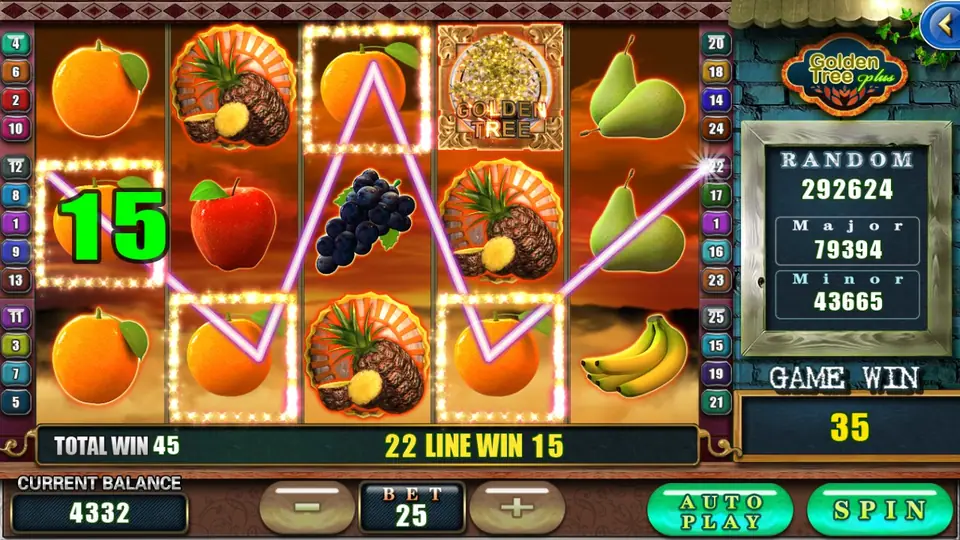 Golden Tree Plus reels with oranges, pineapple, grapes and pears, a win line through four oranges marked 15, total win 45 and a jackpot board showing RANDOM, Major and Minor