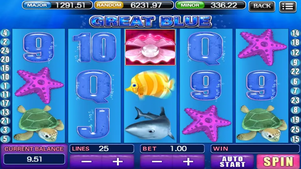 Great Blue slot with pink starfish, sea turtles, a shark, a yellow tropical fish and a pearl in a clam among blue card symbols, 25 lines and a bet of 1.00