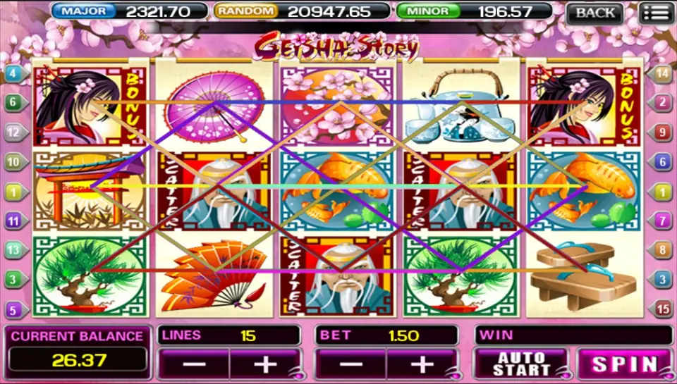 Geisha Story slot on ACE333 with 15 coloured paylines drawn over parasol, koi, bonsai, teapot and geta symbols, and geisha Bonus symbols on reels 1 and 5
