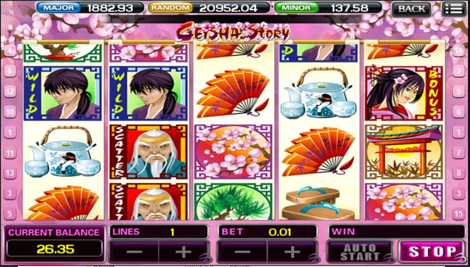 Geisha Story reels with two samurai wild symbols, the sage scatter and a geisha on the right, one line at 0.01