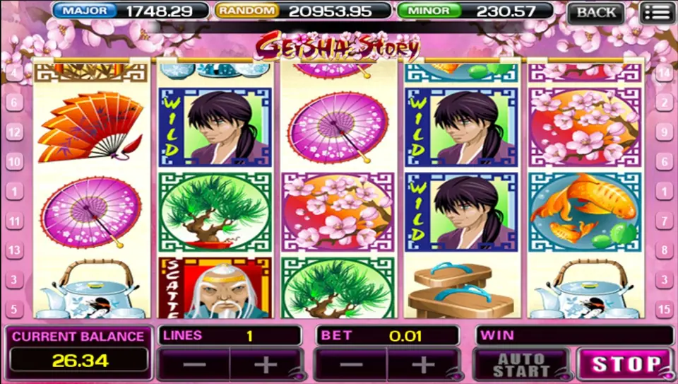 Geisha Story mid-spin with samurai wilds on the second reel and the balance at 26.34