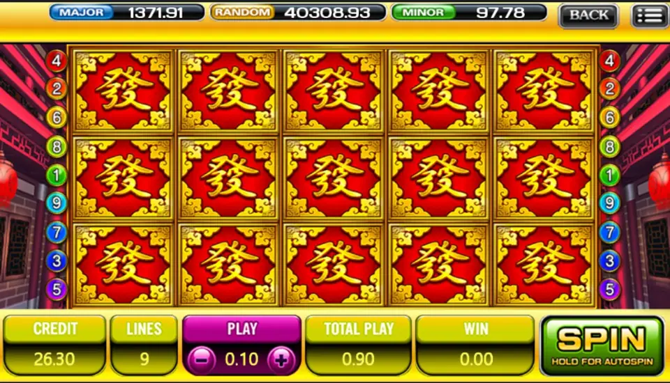 God of Wealth screen with every position filled by a red tile carrying the gold 發 (prosper) character, 9 lines at 0.10 per line