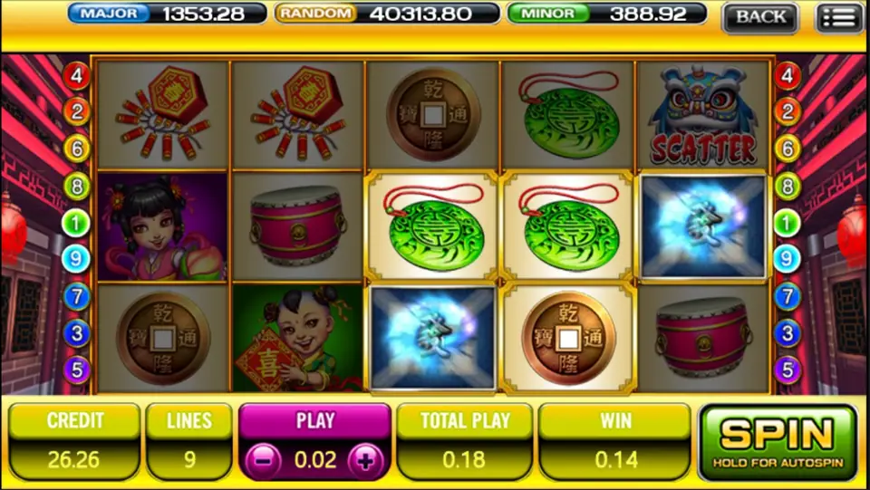 God of Wealth slot on ACE333 with firecrackers, bronze coins, green jade pendants, drums, a lion-dance Scatter and a glowing wild on the reels
