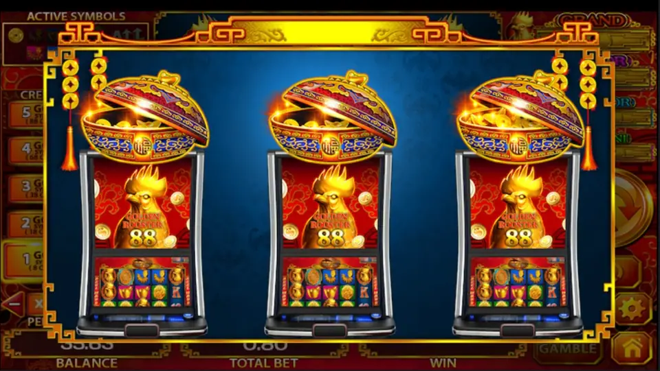 Golden Rooster 88 intro screen with three small slot cabinets, each topped by an open treasure bowl full of gold coins