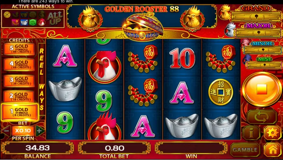 Golden Rooster 88 slot on ACE333 with rooster, silver ingot, firecracker and coin symbols, a gold-symbol bet ladder on the left and locked Grand, Major, Minor and Mini bars on the right