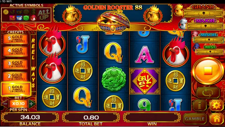 Golden Rooster 88 reels with roosters, coins, jade and a red diamond symbol, balance 34.03 and total bet 0.80