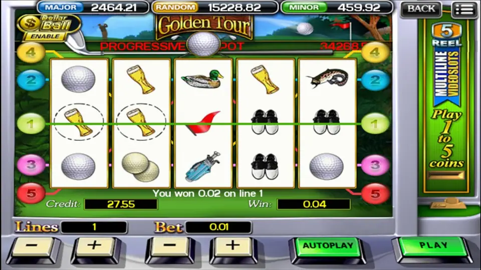 Golden Tour win on line 1 with two beer glass symbols circled, the message 'You won 0.02 on line 1' and 0.04 in the Win box