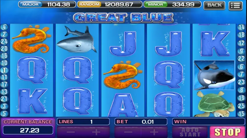 Great Blue reels with seahorses, a shark, a turtle and an orca, one line at 0.01 while the reels spin