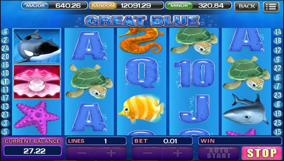 Great Blue reels with an orca, a pearl oyster, starfish, turtles, tropical fish and a shark at the bottom right