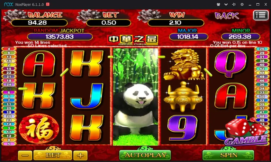 Great China slot on ACE333 with a panda filling the middle reel against bamboo, gold lion and censer symbols, and a Gamble button with red dice