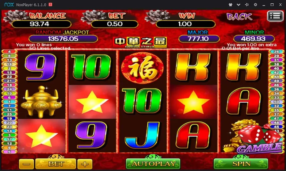 Great China spin with several red star symbols on the reels and a message showing a small win on one line