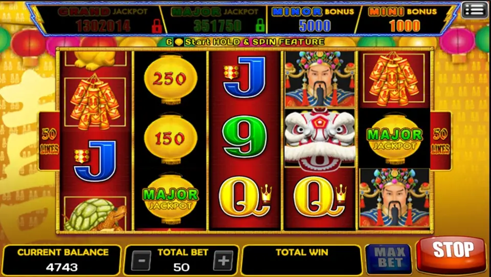 Happy Lantern slot on ACE333 with gold lanterns showing 250, 150 and Major Jackpot, a lion-dance head, an official in a jewelled headdress and a message about six lanterns starting the hold and spin feature