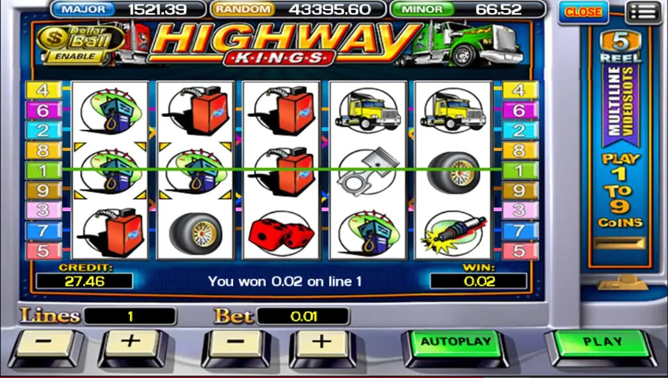 Highway Kings win on line 1 with fuel pumps on the first two reels and a fuel can on the third, and the message 'You won 0.02 on line 1'