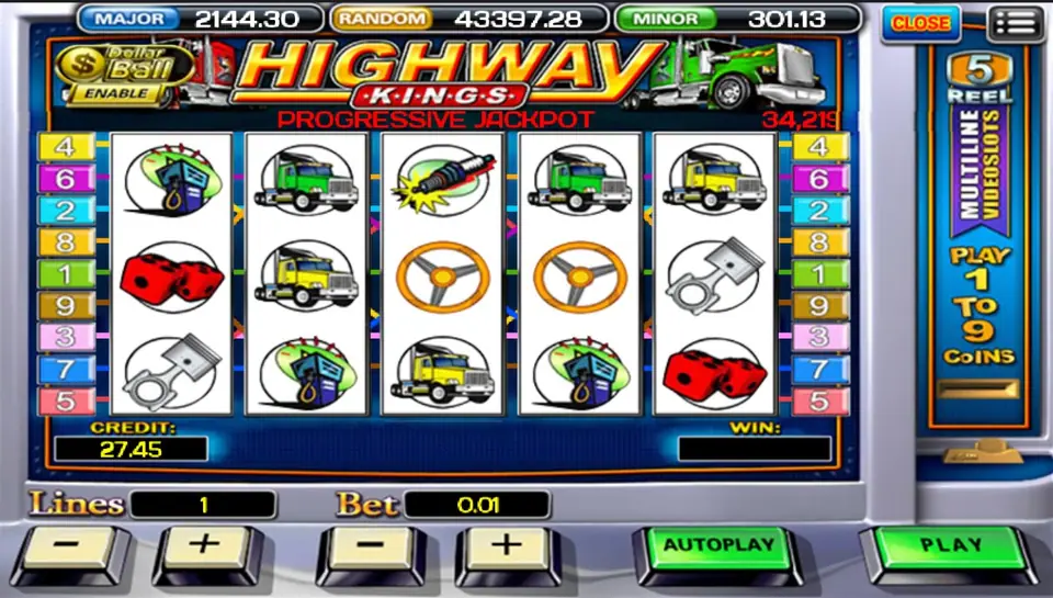 Highway Kings reels with steering wheels, trucks, red dice, fuel pumps and spark plugs on one line at 0.01