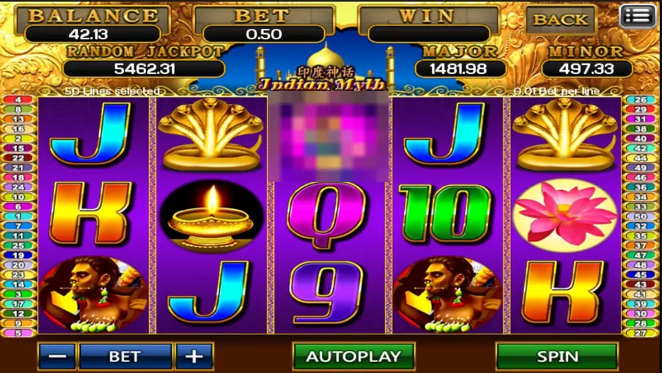 Indian Myth slot on ACE333 with a golden five-headed cobra, a lit oil lamp, a pink lotus and card letters on purple reels, 50 lines at 0.01 per line