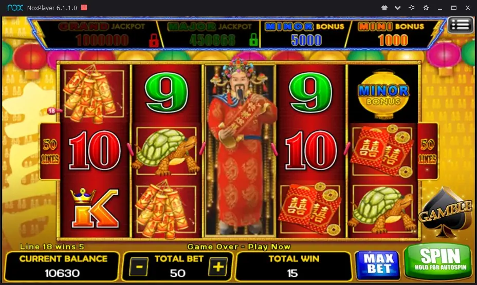 Lightning reels with a Minor Jackpot lantern at the top right, turtles, firecrackers and the official on the middle reel, total win 15