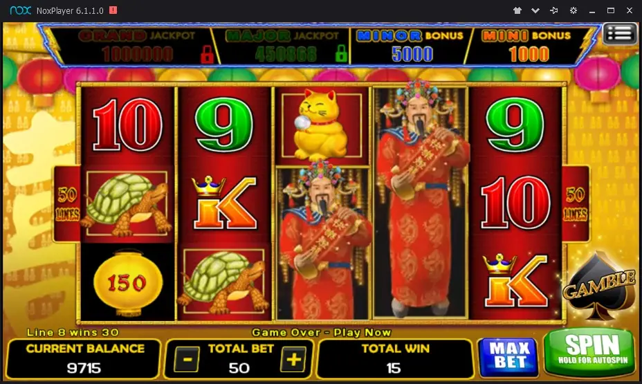 Lightning spin with a 150 lantern on the first reel, two officials and a turtle, total win 15 and the balance at 9715
