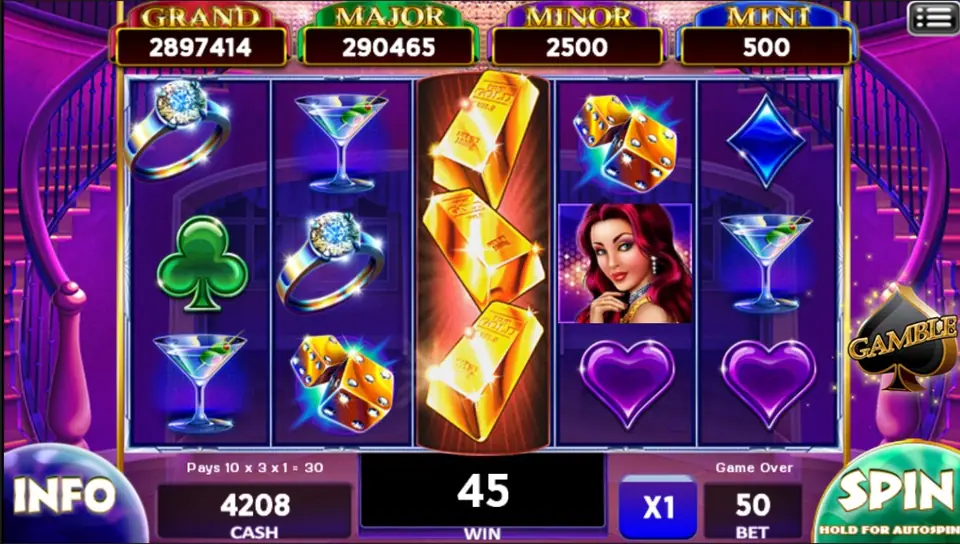 Lock It Link win with a full reel of gold bars in the middle, the line 'Pays 10 x 3 x 1 = 30' and a win of 45