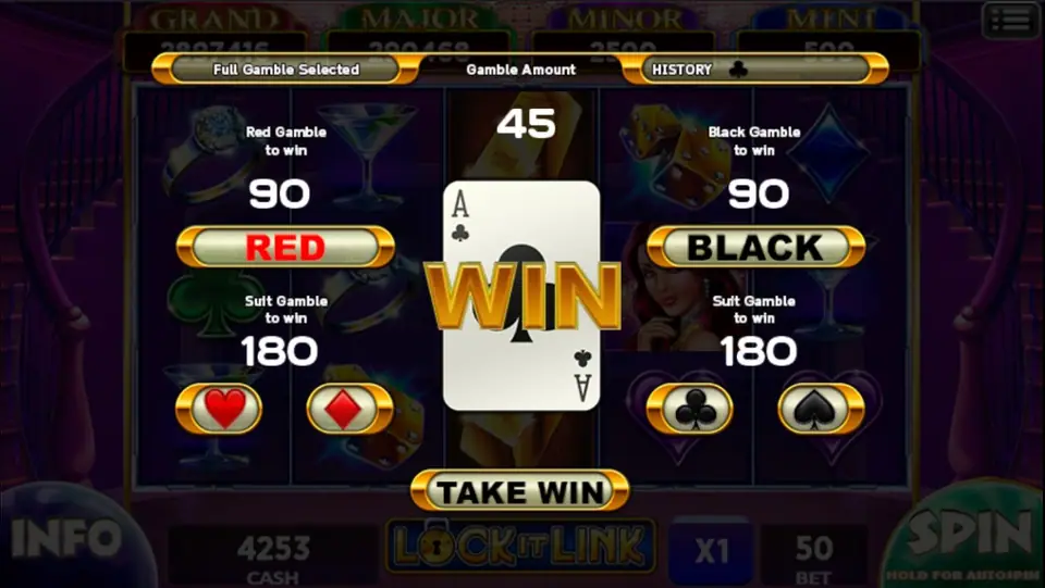Lock It Link gamble screen offering Red or Black to win 90, a suit guess to win 180, an ace of clubs card with WIN, and a Take Win button