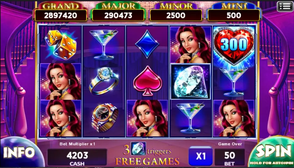 Lock It Link reels with four red-haired woman symbols, a large diamond, a 300 heart and the note that 3 diamonds trigger free games