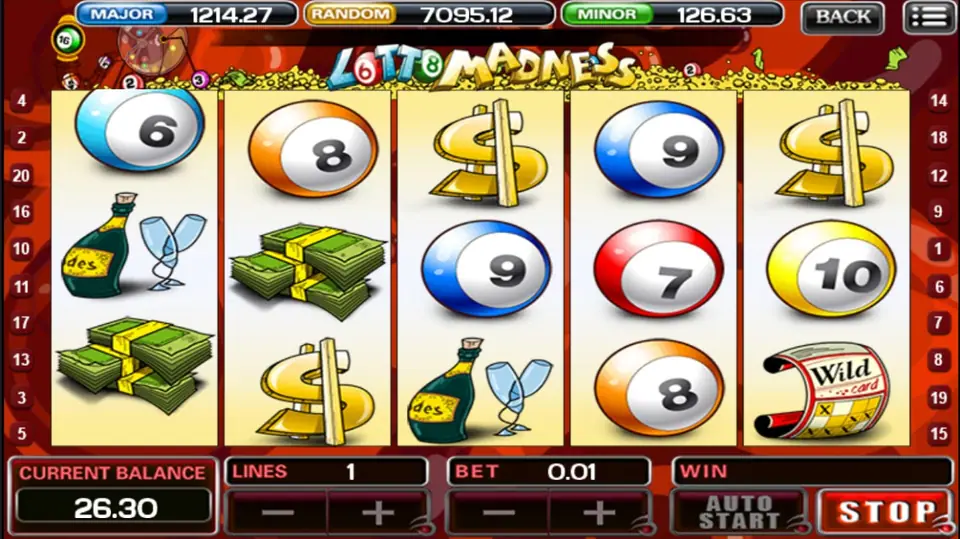 Lotto Madness reels with champagne bottles, cash stacks, a gold dollar sign and a Wild ticket on the right, one line at 0.01