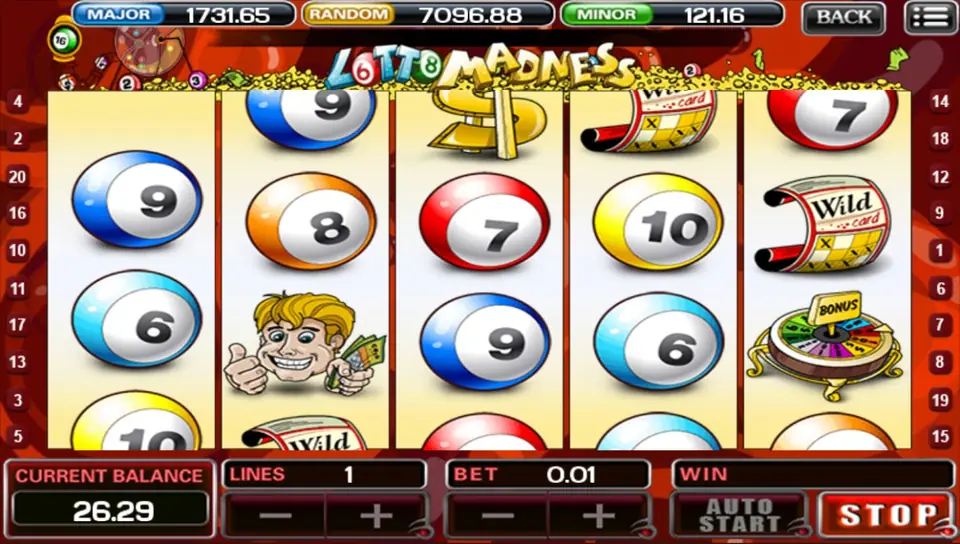 Lotto Madness reels with lottery balls, a dollar sign on the top row, the winner character and a Wild ticket on the fifth reel