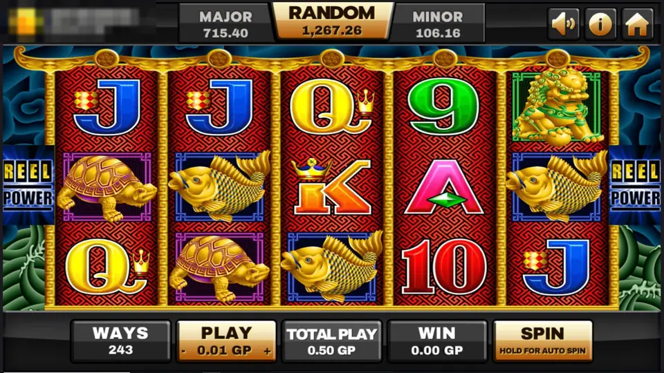 5 Dragons reels on Joker123 with gold turtles, golden koi, a gold fu lion and red and gold card letters, REEL POWER labels on both sides