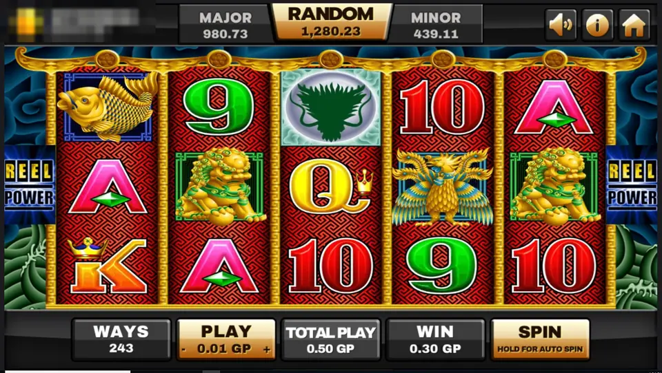 5 Dragons reels with a green dragon-head wild at the top of reel three, a golden winged dragon on reel four, fu lions and a koi, 0.30 GP win
