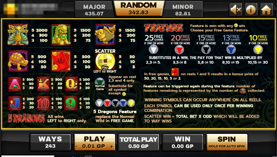 5 Dragons paytable: symbol payouts, the coin scatter, the wild on reels 2 to 4, and the five free-game options with their multipliers