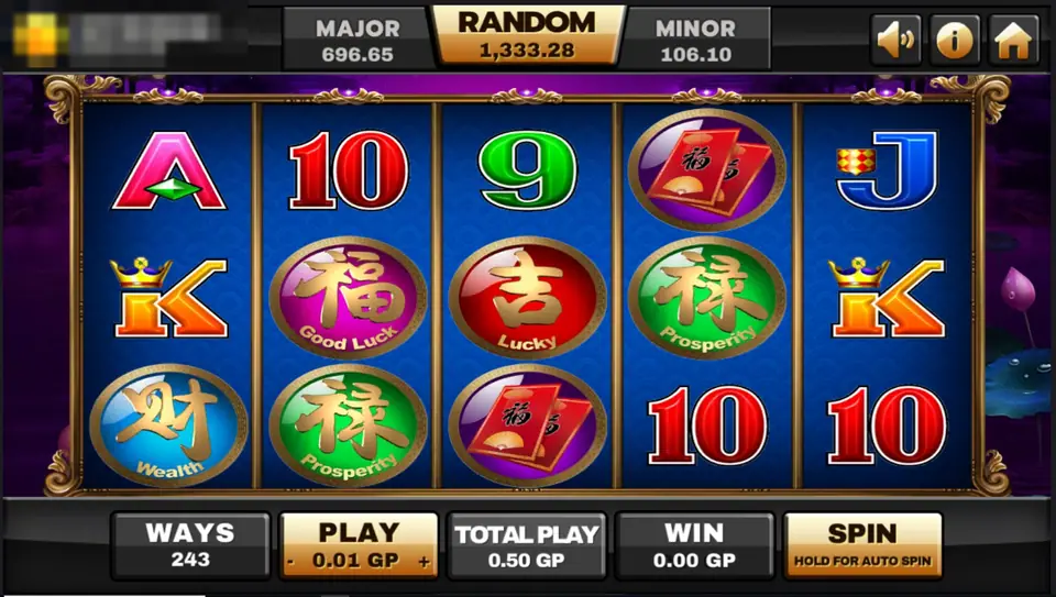5 Koi Legends reels on Joker123 with round medallions for Prosperity, Good Luck and Wealth, red Lucky coins and card letters on blue reels