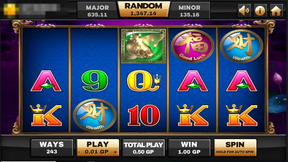 5 Koi Legends win with a golden koi wild at the top of reel three, a Wealth medallion, two Lucky coins and a gold coin scatter, 3.00 GP win