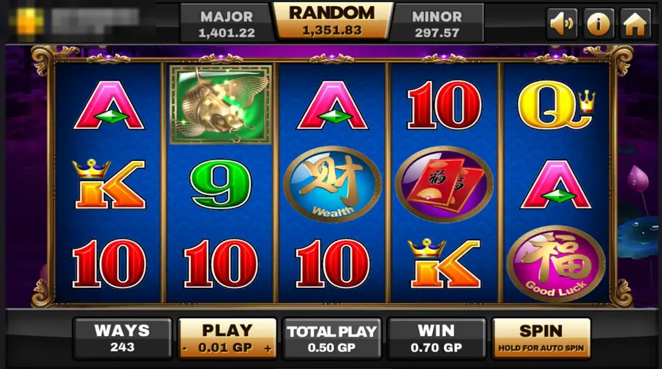 5 Koi Legends win with a golden koi wild on reel two among Lucky coins, red envelopes and card letters, 0.70 GP win