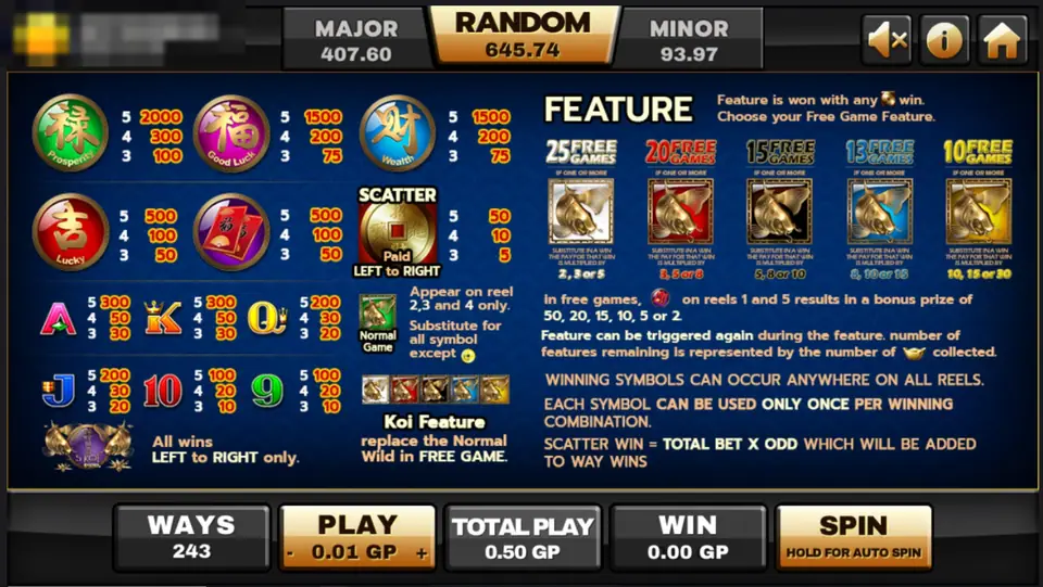 5 Koi Legends paytable with lucky-character payouts, the coin scatter, the koi wild and five free-game options with multipliers