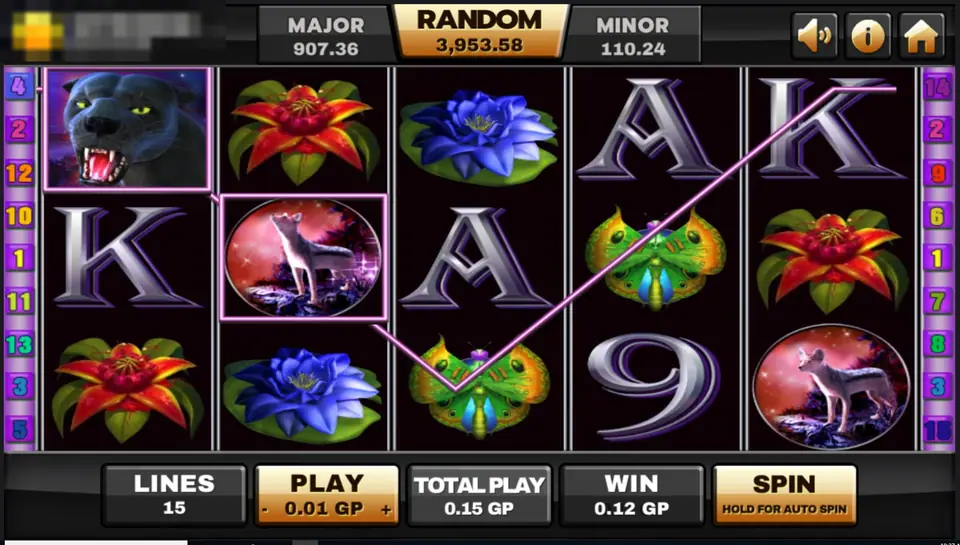 Panther Moon win with a line drawn across a wolf symbol, a black panther on reel one and a blue lotus, win shown as 0.12 GP