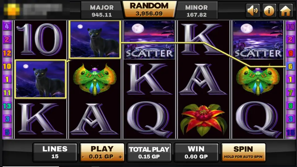 Panther Moon screen with two moon scatter symbols, a howling wolf and a 0.60 GP win on the line through the top row