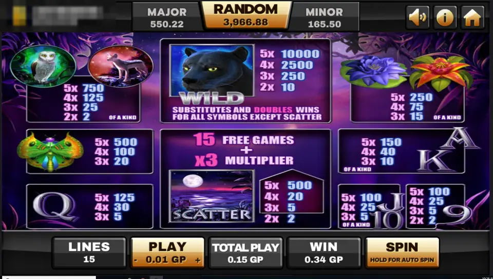 Panther Moon paytable: panther wild pays up to 10000, moon scatter, 15 free games plus x3 multiplier, and payouts for owl, wolf, flowers, moth and card letters