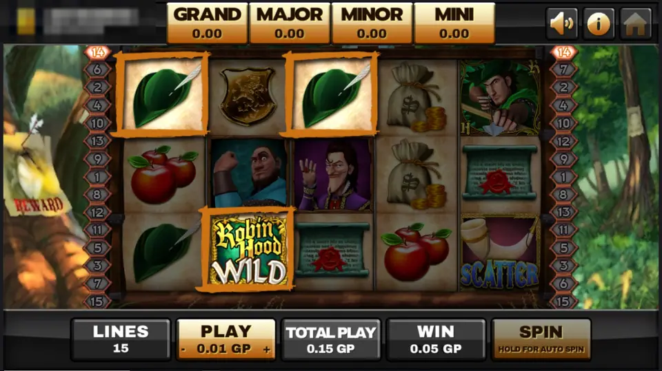 Robin Hood win with three green hats and two Robin Hood WILD tiles highlighted, 0.05 GP win
