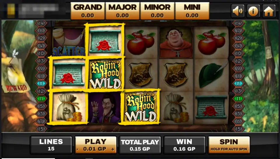 Three sealed scrolls, a money bag and two Robin Hood WILD tiles highlighted in yellow, a horn scatter top left, 0.16 GP win